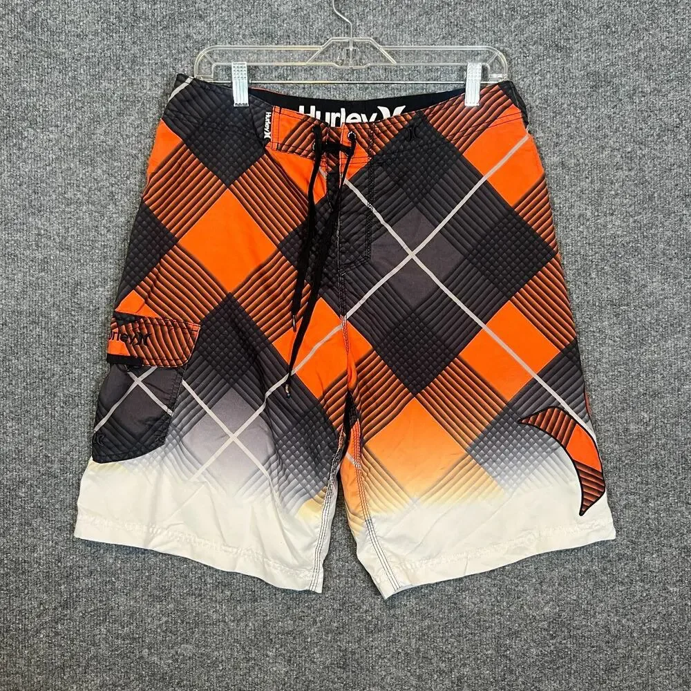 Hurley Swim Trunks Mens 32 Orange Black Beach Board Shorts Relax Pocket Y2K Logo